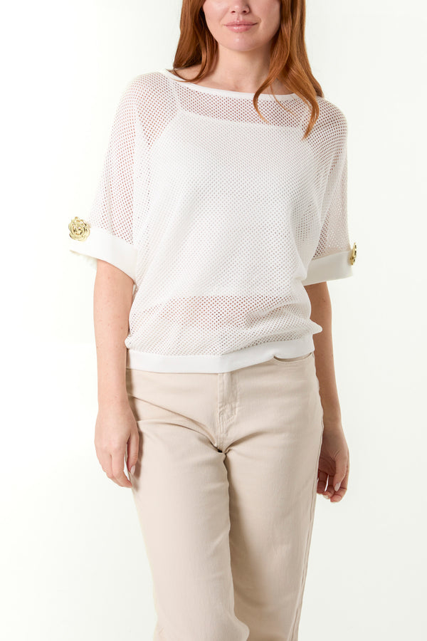 qed london Gold Flower Button Sleeve Mesh Top