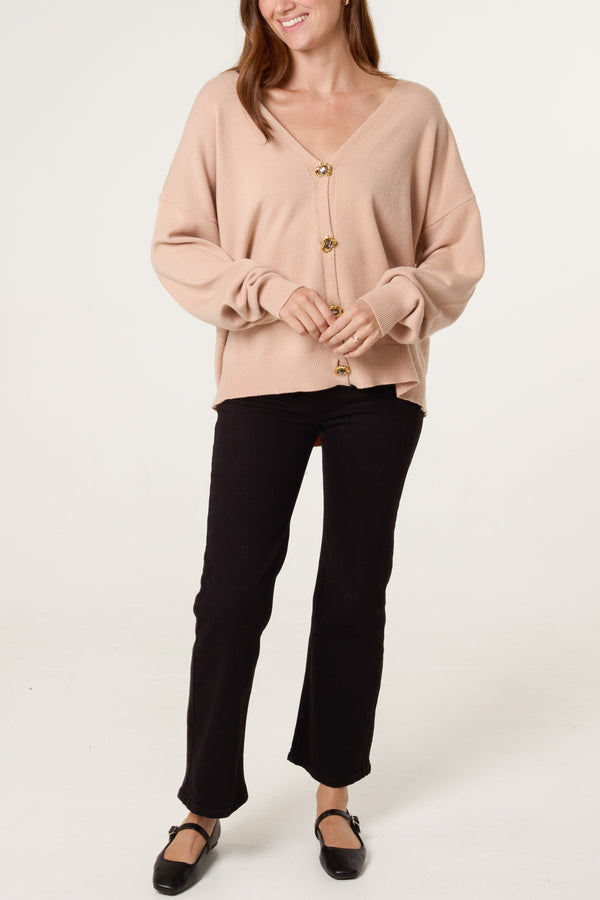 Qed London Gold & Jewelled Button V-Neck Cardigan