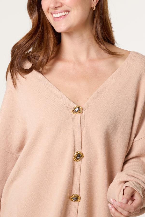 Qed London Gold & Jewelled Button V-Neck Cardigan