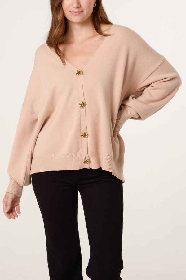 qed london Gold & Jewelled Button V-Neck Cardigan