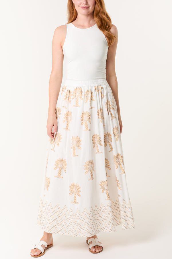 Qed London Gold Palm Print Cotton Maxi Skirt