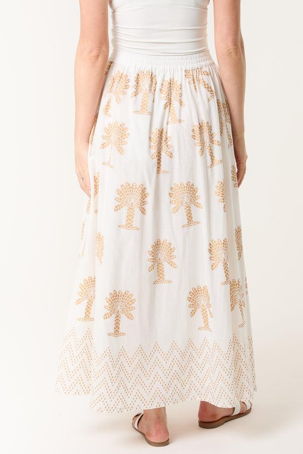 Qed London Gold Palm Print Cotton Maxi Skirt