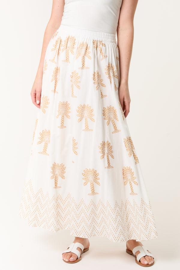 qed london Gold Palm Print Cotton Maxi Skirt