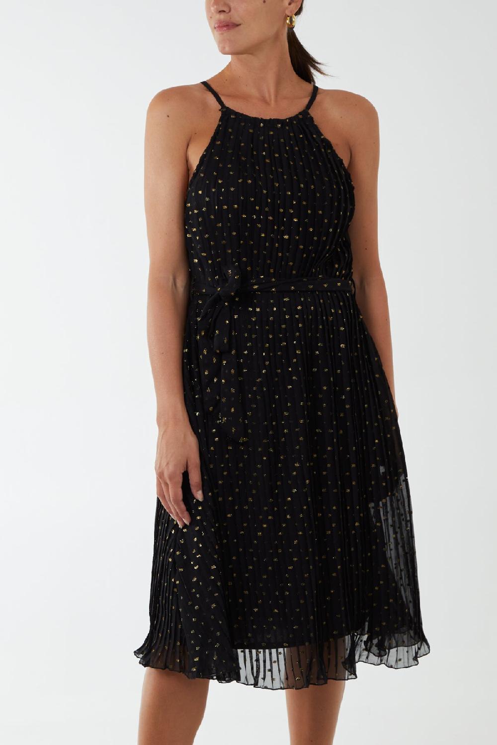 Qed London Gold Sparkle Pleated Halter Midi Dress