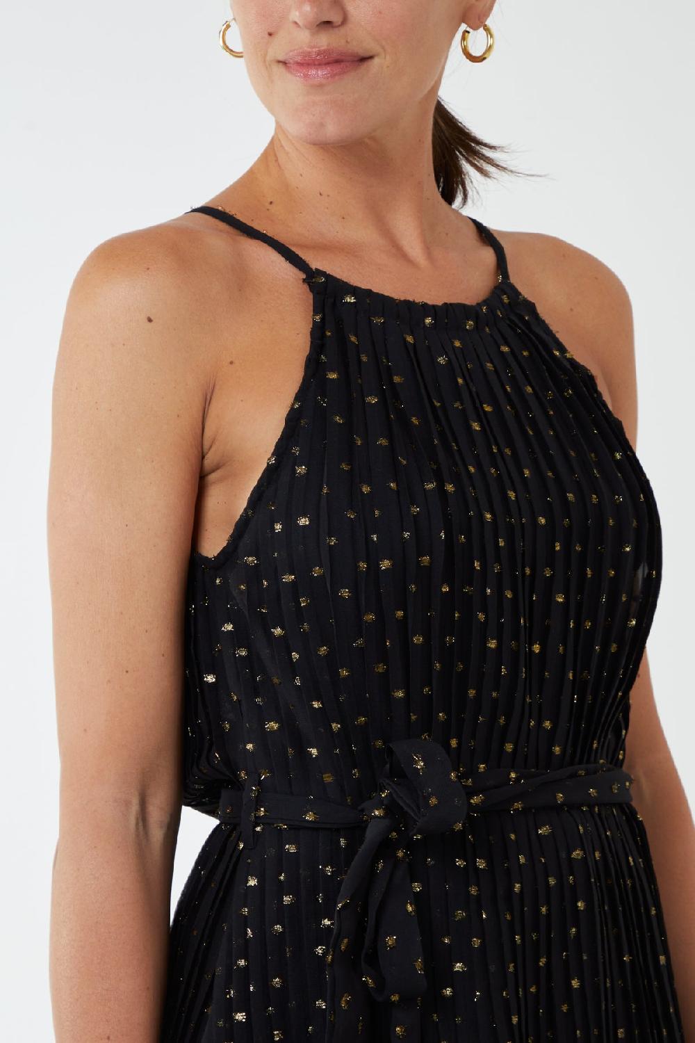 Qed London Gold Sparkle Pleated Halter Midi Dress