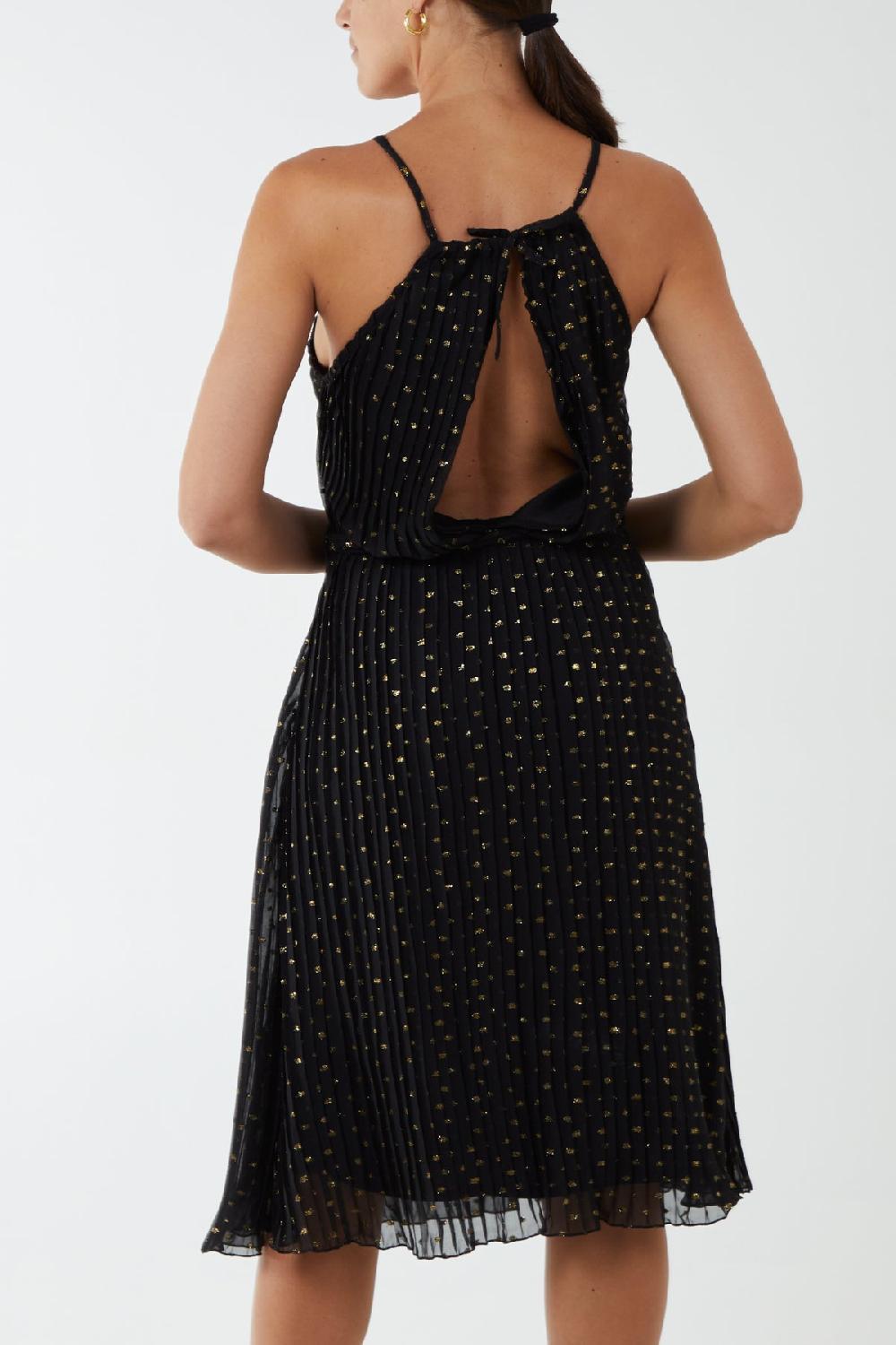 Qed London Gold Sparkle Pleated Halter Midi Dress