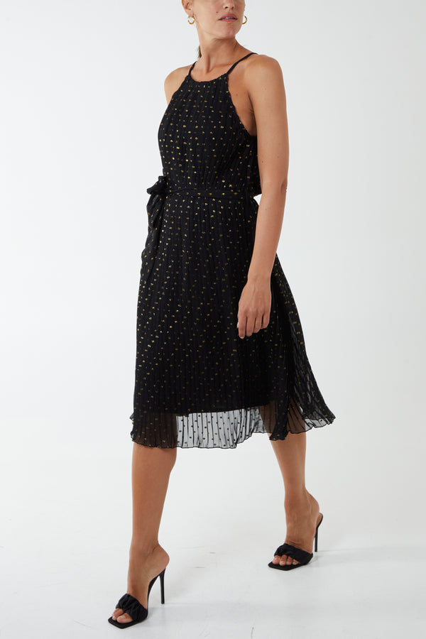 qed london Gold Sparkle Pleated Halter Midi Dress