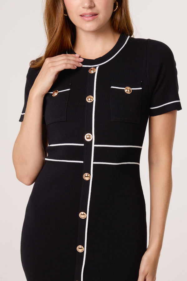 Qed London Golden Button Contrast Knit Dress