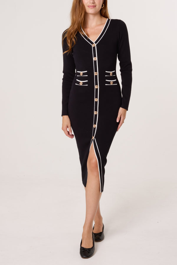 qed london Golden Button Contrast V-Neck Dress