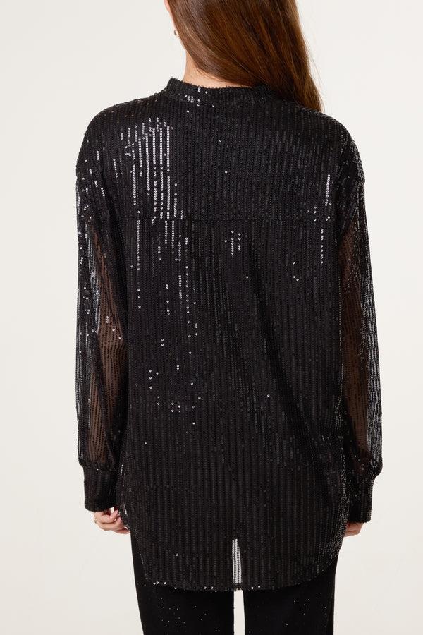 Qed London Grandad Collar Sequin Shirt