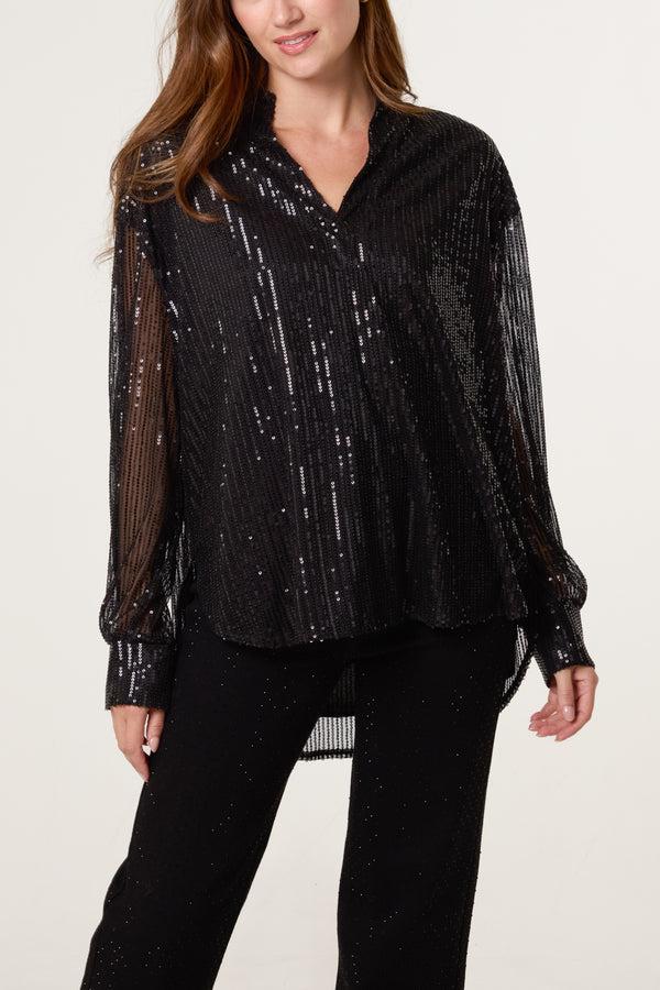 qed london Grandad Collar Sequin Shirt