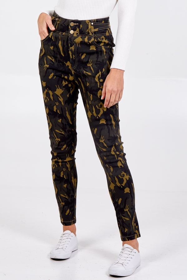 qed london Green Camouflage Stretch Skinny Jean