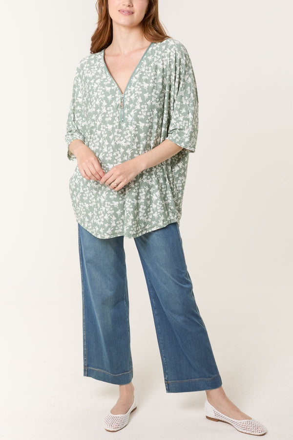 Qed London Green Ditsy Floral Print Zip Front Top