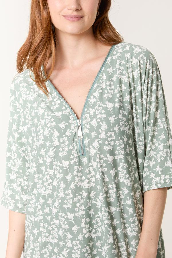 Qed London Green Ditsy Floral Print Zip Front Top