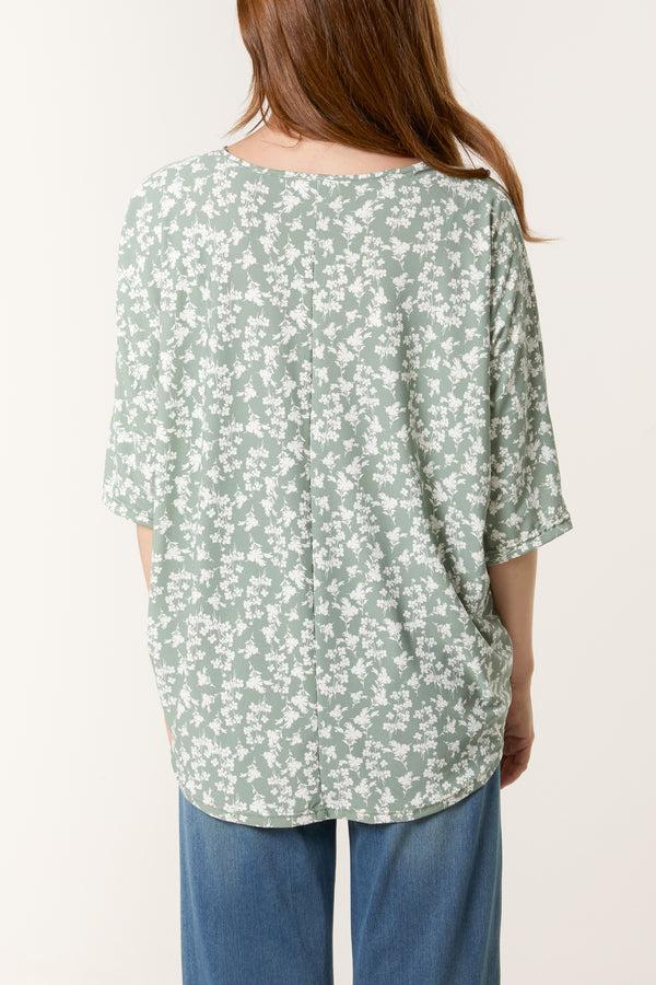 Qed London Green Ditsy Floral Print Zip Front Top