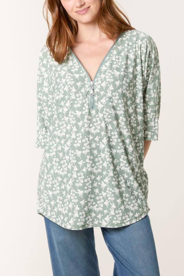 qed london Green Ditsy Floral Print Zip Front Top