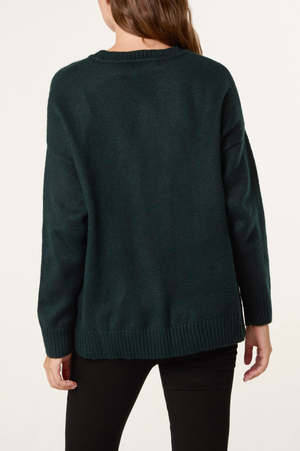 Qed London Green Ribbed Edge Round Neck Jumper