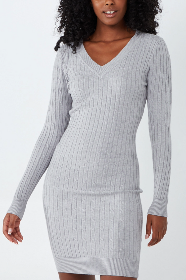 qed london Grey Cable Knit V-Neck Midi Dress