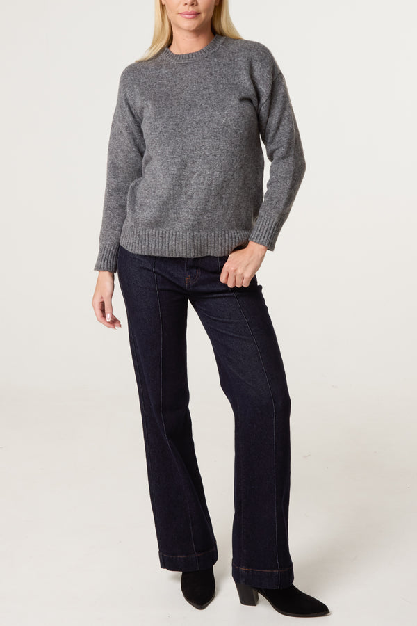 Qed London Grey Ribbed Edge Round Neck Jumper