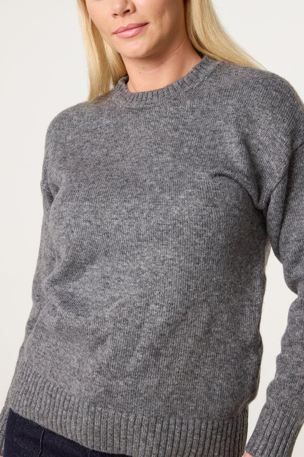 Qed London Grey Ribbed Edge Round Neck Jumper
