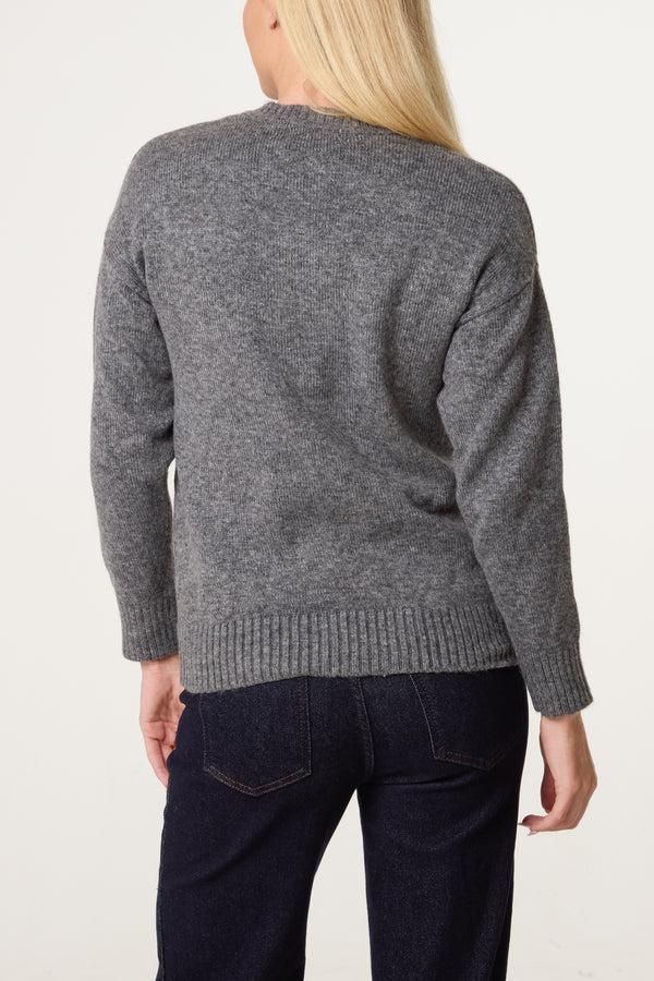 Qed London Grey Ribbed Edge Round Neck Jumper