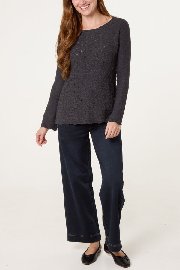 Qed London Grey Scallop Edge Patterned Jumper