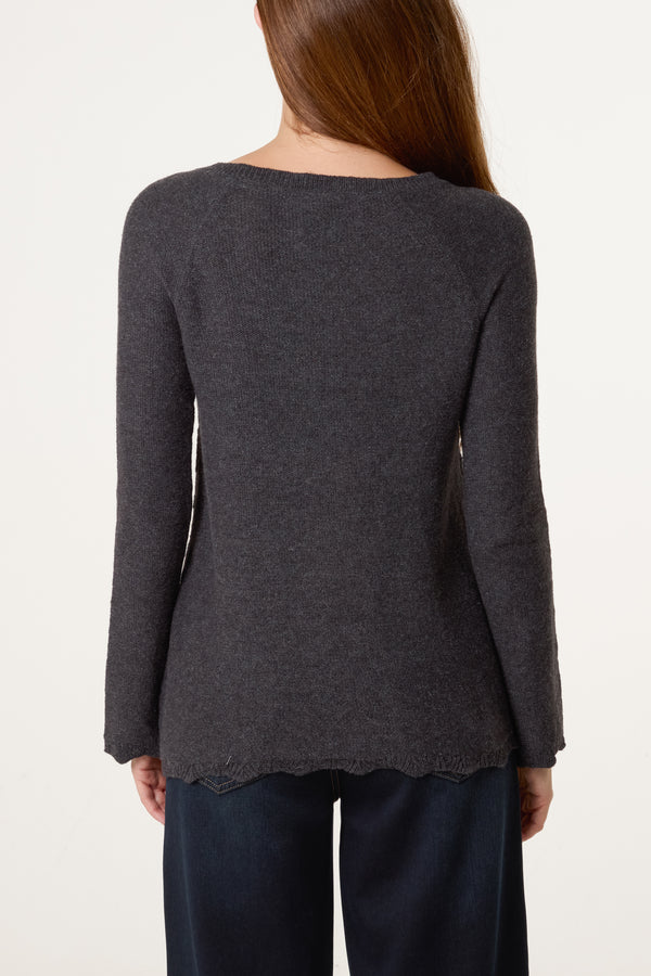 Qed London Grey Scallop Edge Patterned Jumper
