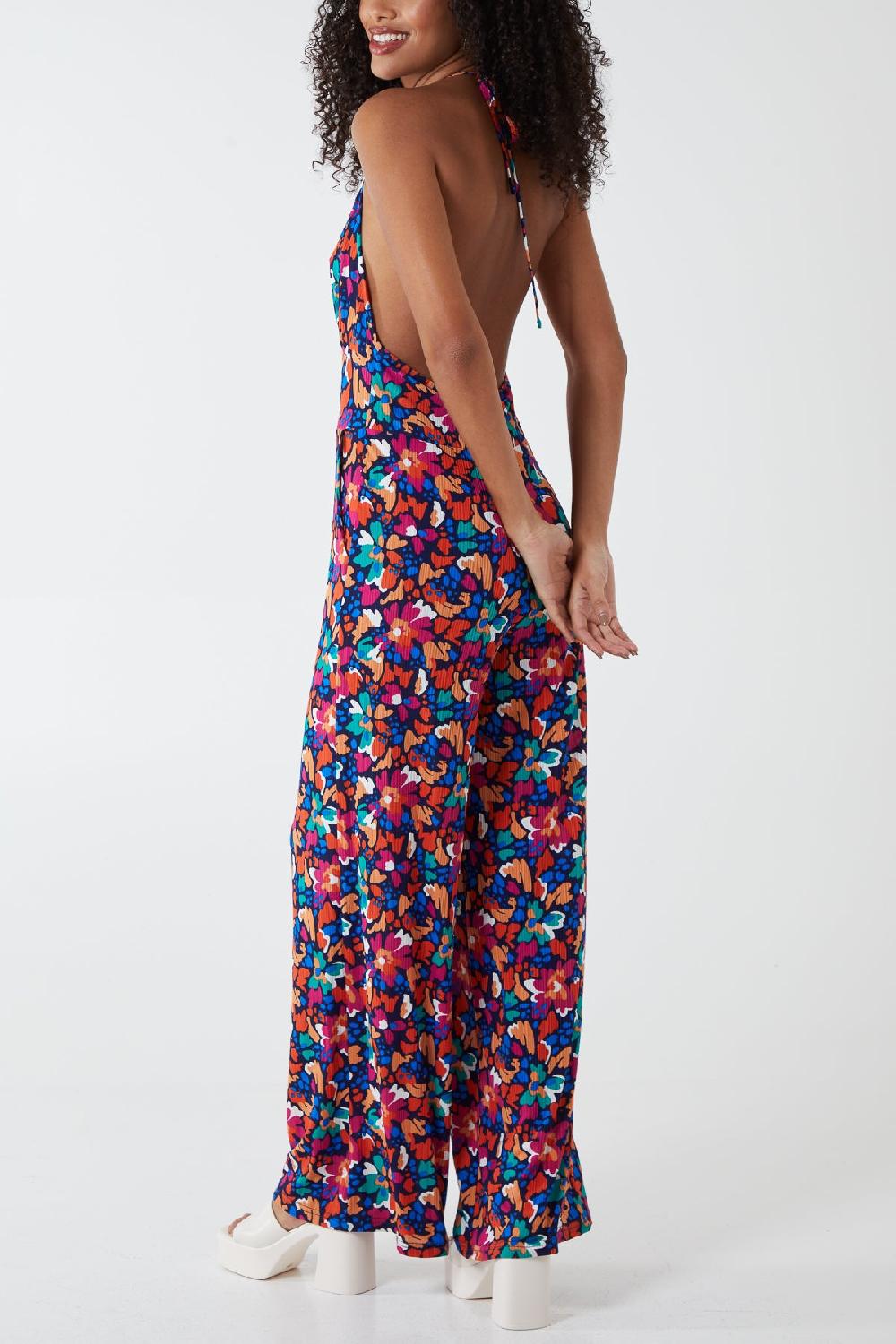 Qed London Halterneck Multi Floral Plisse Jumpsuit