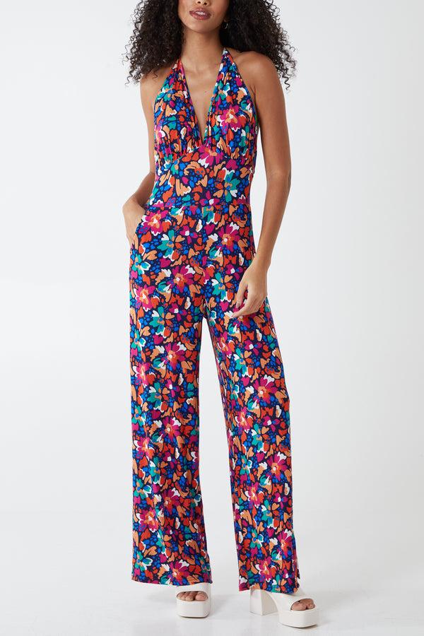 qed london Halterneck Multi Floral Plisse Jumpsuit