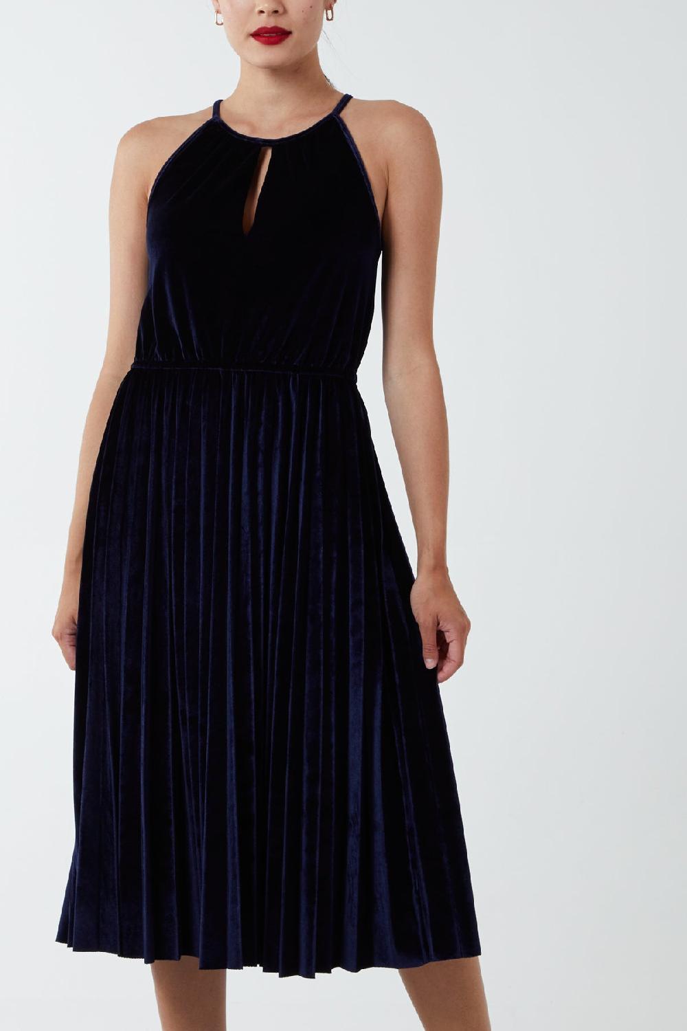 Qed London Halterneck Pleated Velvet Midi Dress