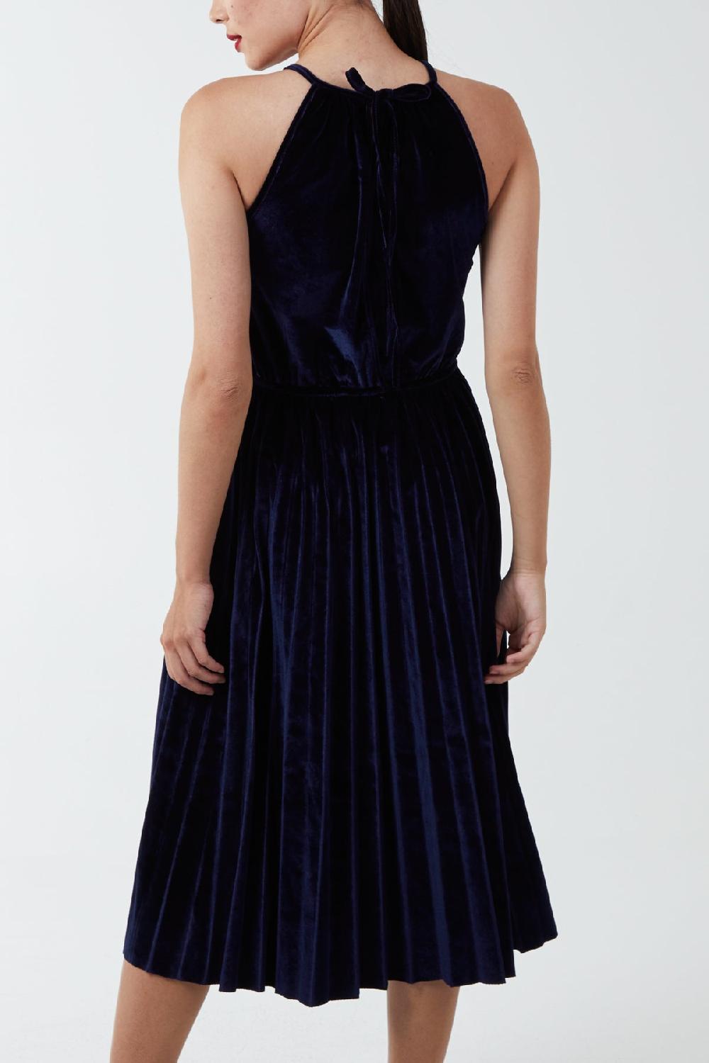 Qed London Halterneck Pleated Velvet Midi Dress