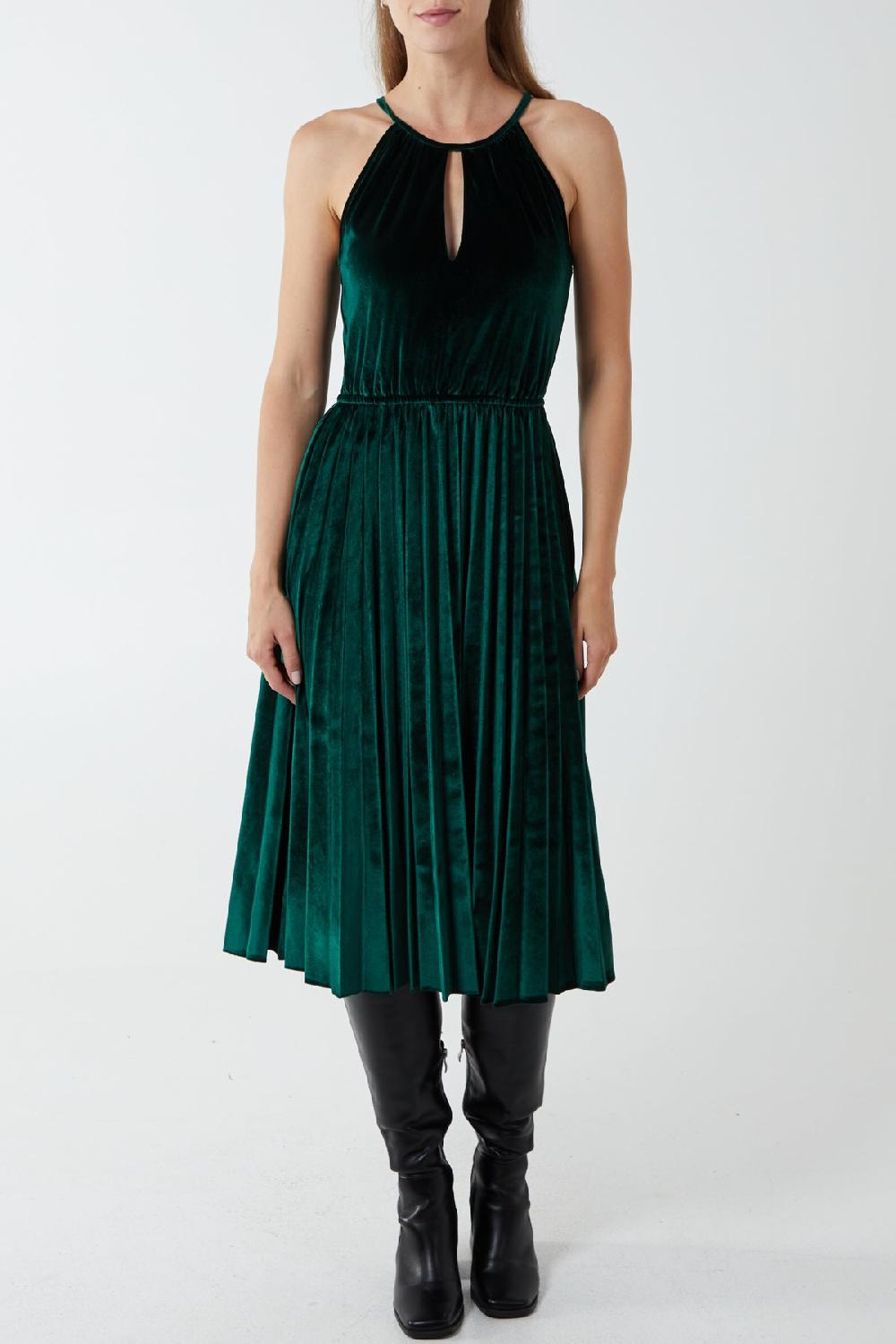 Qed London Halterneck Pleated Velvet Midi Dress