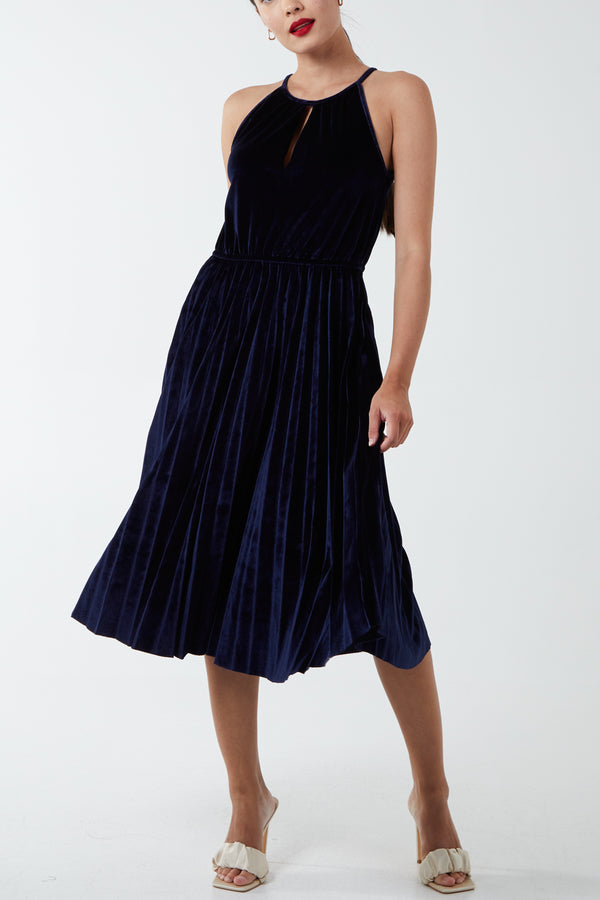 qed london Halterneck Pleated Velvet Midi Dress