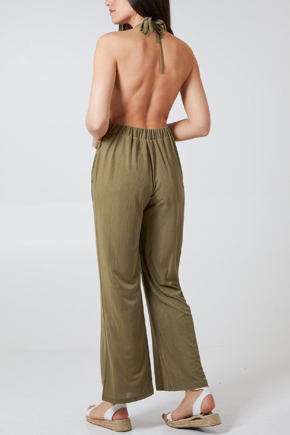 Qed London Halterneck Plisse Wide Leg Jumpsuit