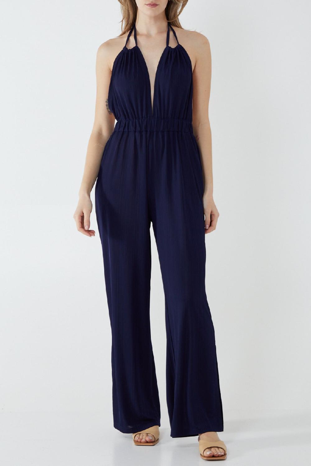 Qed London Halterneck Plisse Wide Leg Jumpsuit