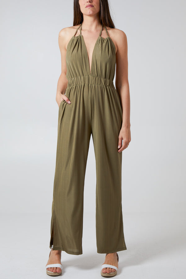 qed london Halterneck Plisse Wide Leg Jumpsuit