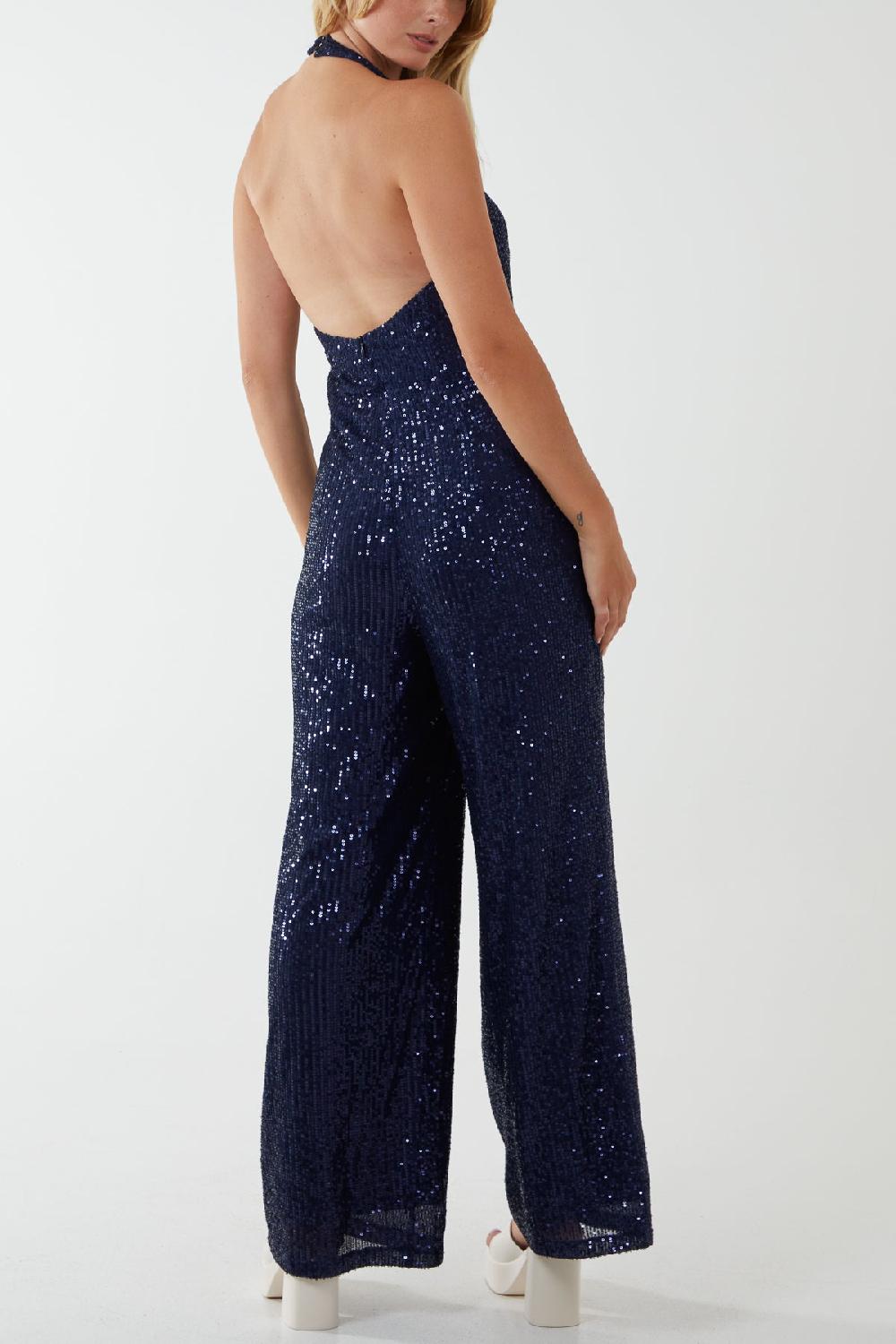 Qed London Halterneck Sequin Plunge Jumpsuit