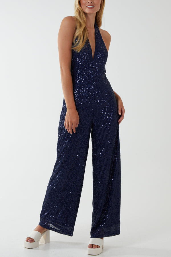 qed london Halterneck Sequin Plunge Jumpsuit