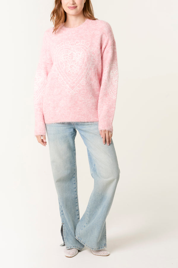 Qed London Heart Embroidered Knit Jumper