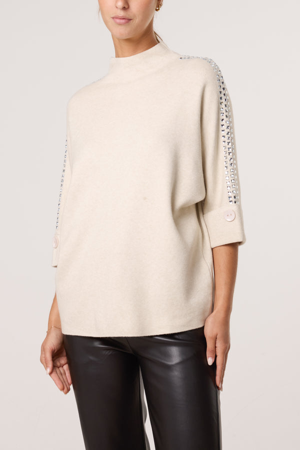qed london High Neck Boxy Rhinestone Jumper