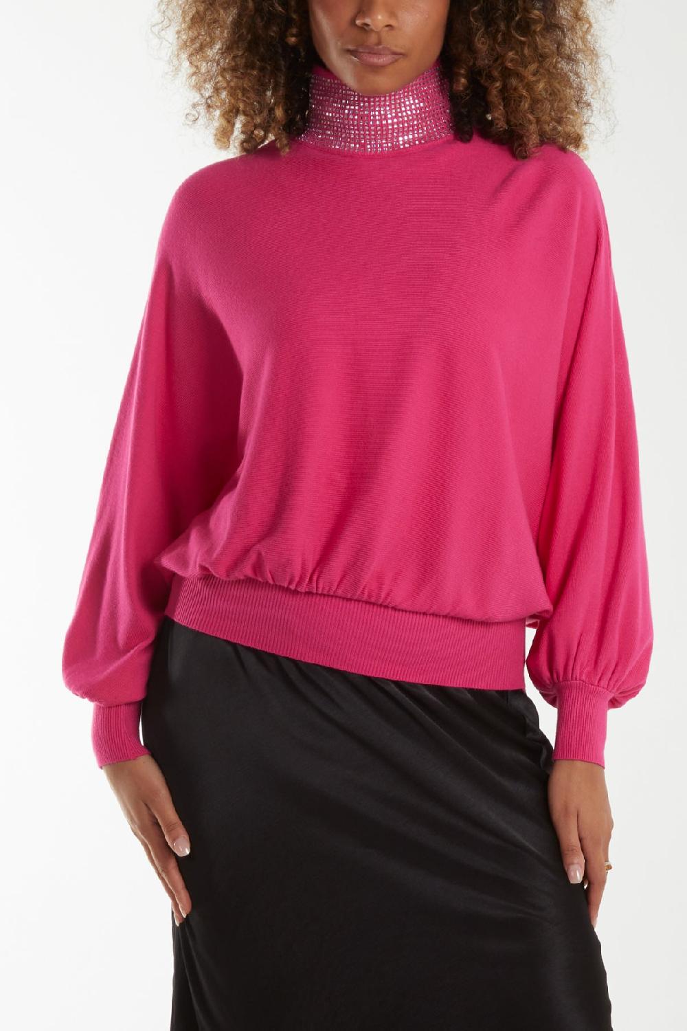Qed London High Neck Diamante Collar Jumper