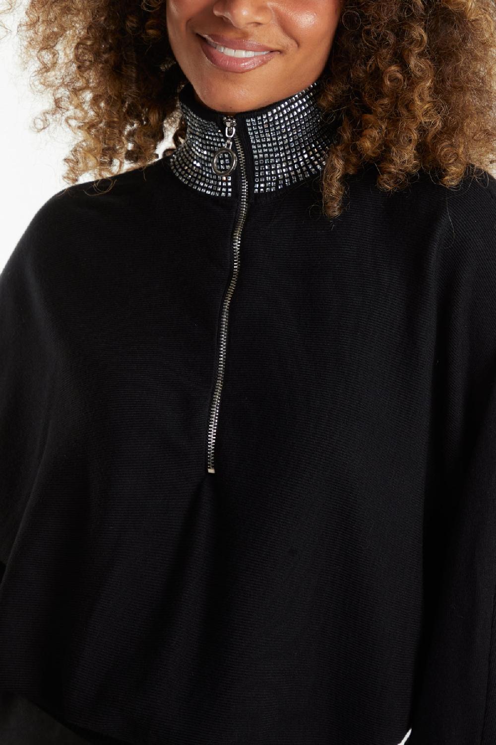 Qed London High Neck Diamante Collar Zip Jumper