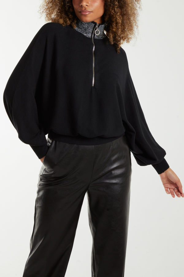 qed london High Neck Diamante Collar Zip Jumper