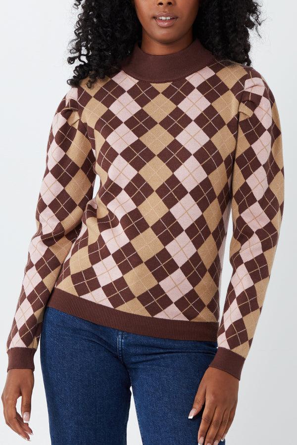 qed london High Neck Diamond Check Jumper