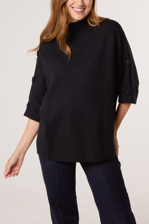 qed london High Neck Fabric Button Sleeves Jumper