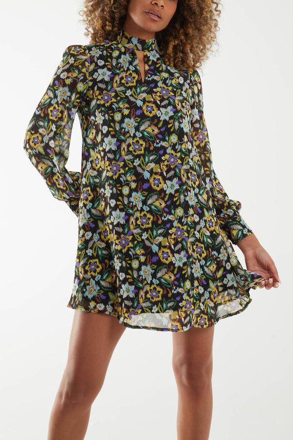 Qed London High Neck Keyhole Floral Swing Dress