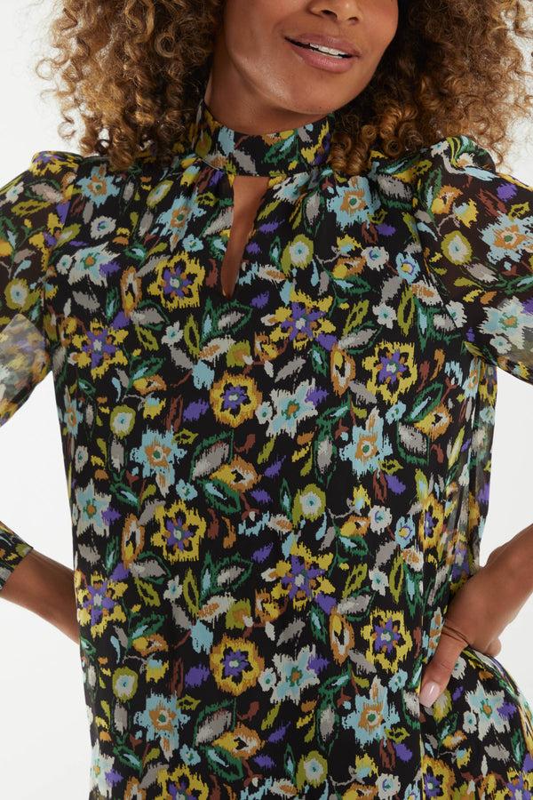 Qed London High Neck Keyhole Floral Swing Dress