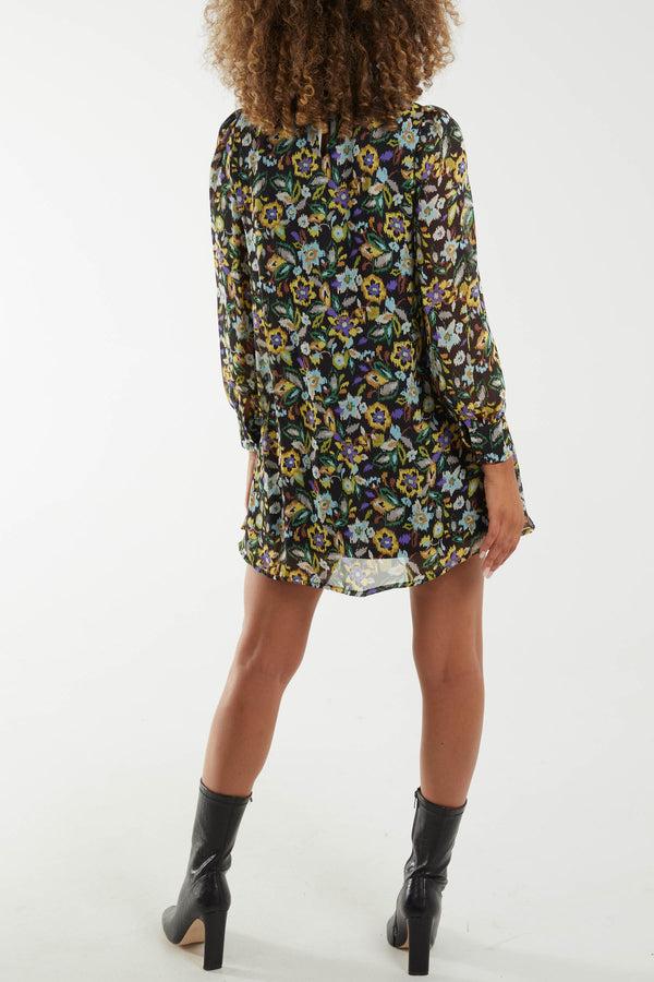 Qed London High Neck Keyhole Floral Swing Dress