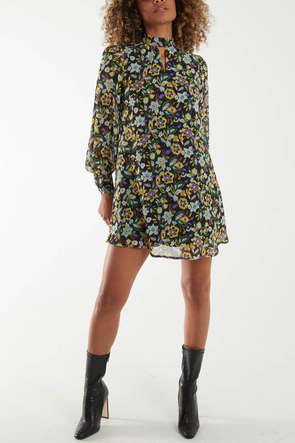 qed london High Neck Keyhole Floral Swing Dress