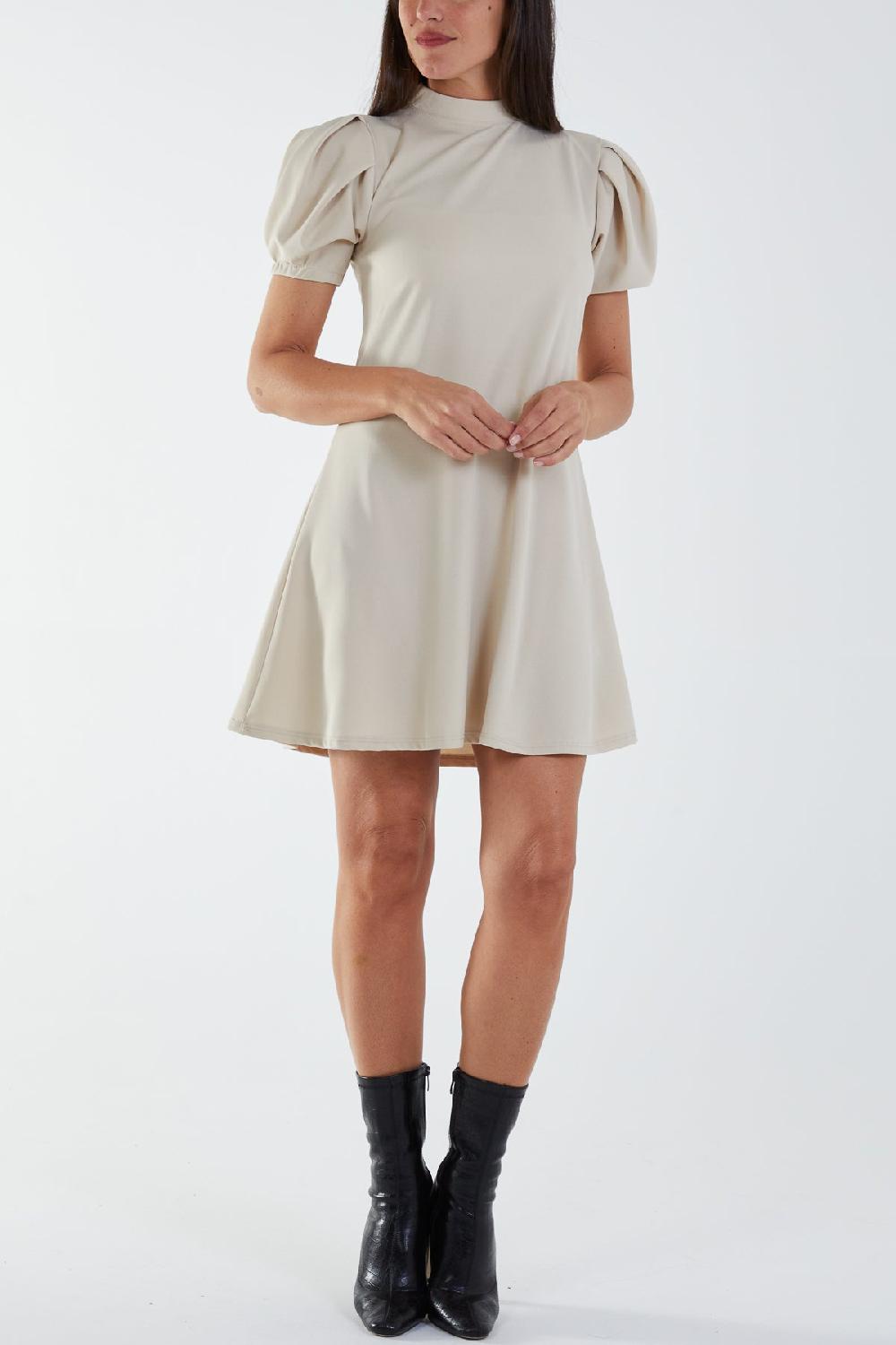 Qed London High Neck Puff Sleeve Mini Shift Dress